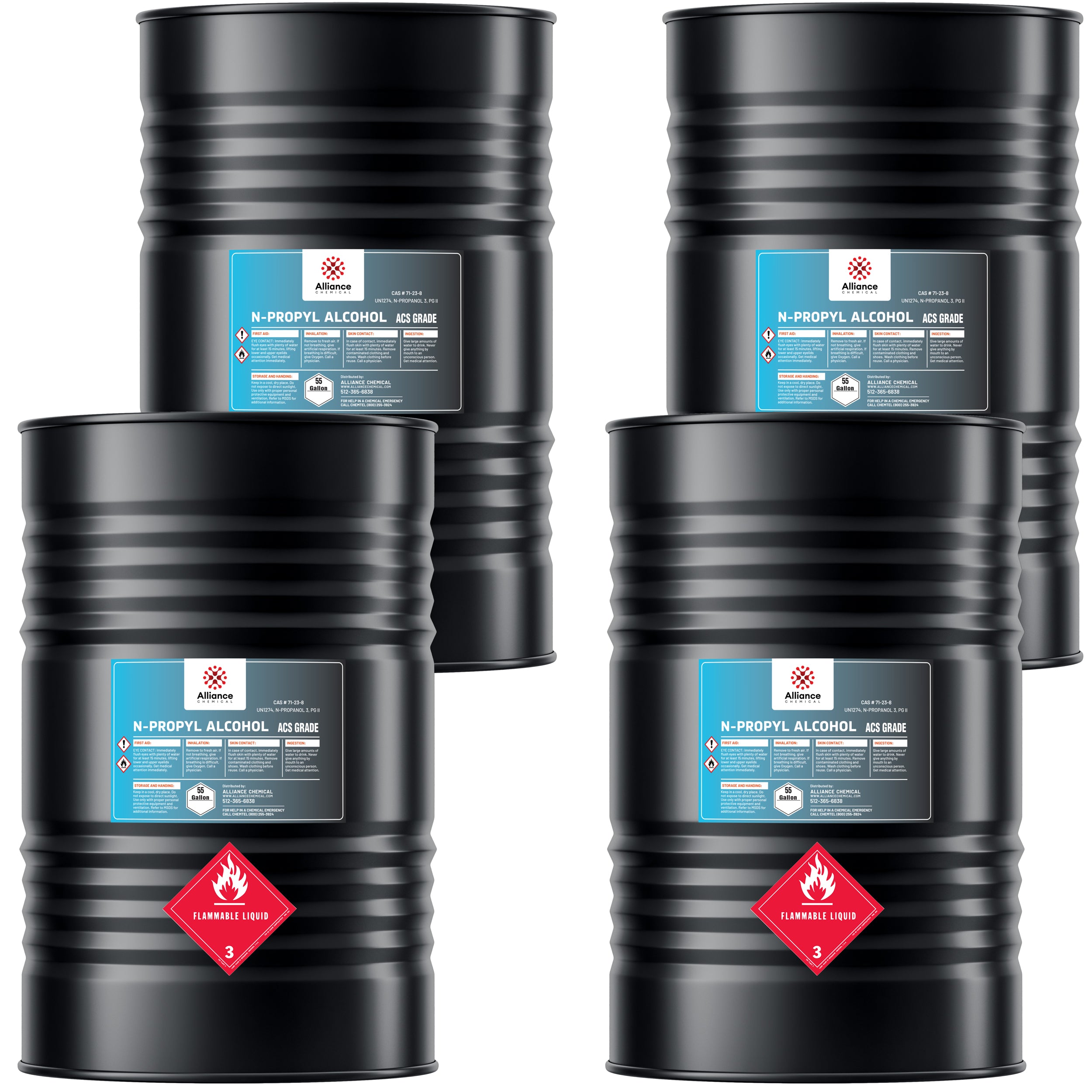 4x55L black steel drums of ACS-grade N-Propyl Alcohol from Alliance Chemical, labeled with flammable liquid Class 3 hazard diamonds and safety information panels.